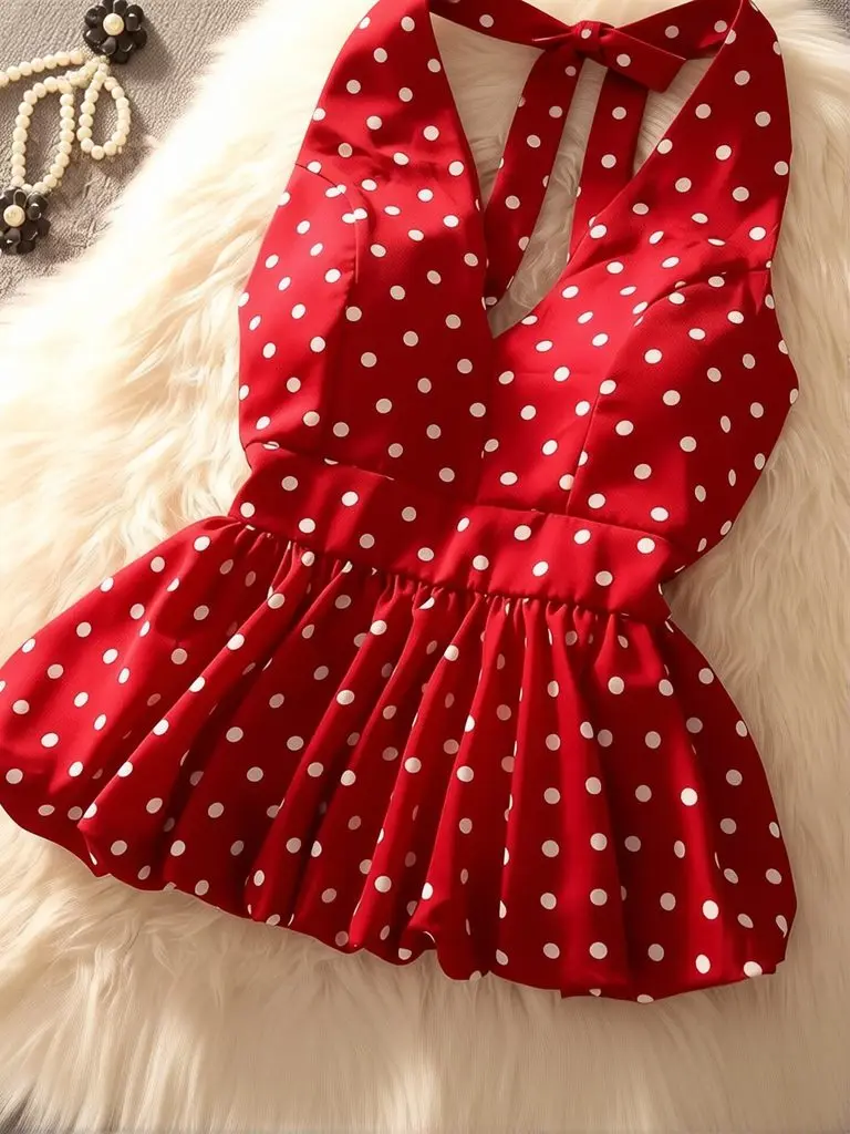 Polka Dot Sleeveless Halter Neck Corset Top Women Babydoll Ruffle Top French Elegant Summer Basic T Shirt Holiday Backless