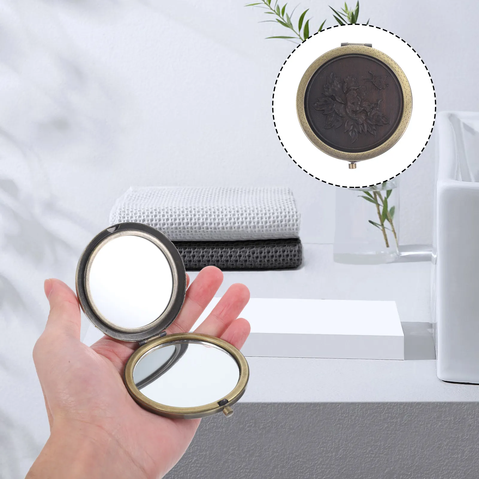 Dual-Sided Vintage Makeup Mirror Portable Compact Folding Small Wear-Resistant Vanity Mirror for Travel Shopping Outdoor Use