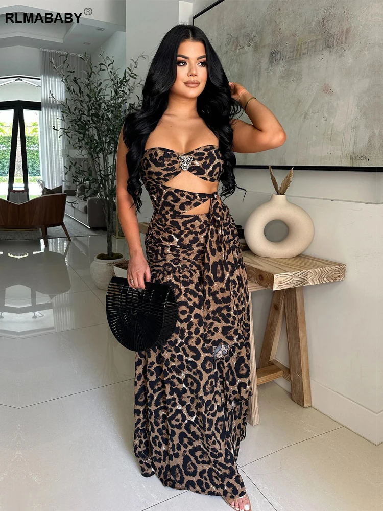

RLMABABY сексуальное женское облегающее длинное платье без бретелек с леопардовым принтом, тонкое вечернее платье трапециевидной формы с открытой спиной и драпированными складками