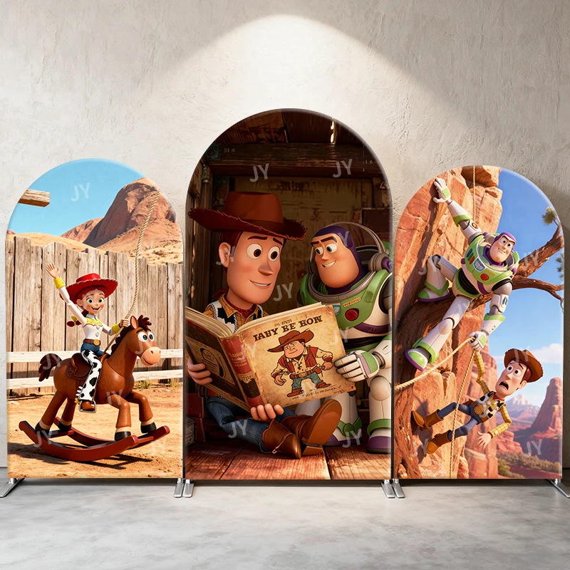 

Toy Story Arch Backdrop Cover Jessie Woody Buzz Book Rocking Horse Scene Kids Birthday Baby Shower Photo Booth Decor Background