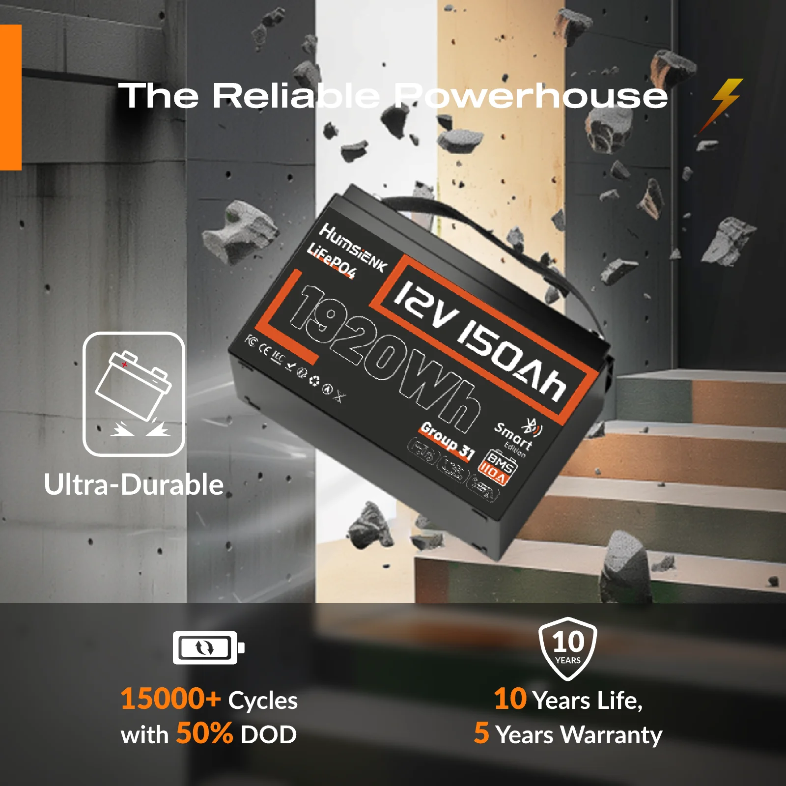 بطارية Humsienk 12 فولت 150 أمبير LiFePO4 بطارية ليثيوم 1920 وات في الساعة مع تحسين 110 أمبير BMS 15000 دورات للعاكس والمنزل المتنقل والتخييم والمركبات الترفيهية