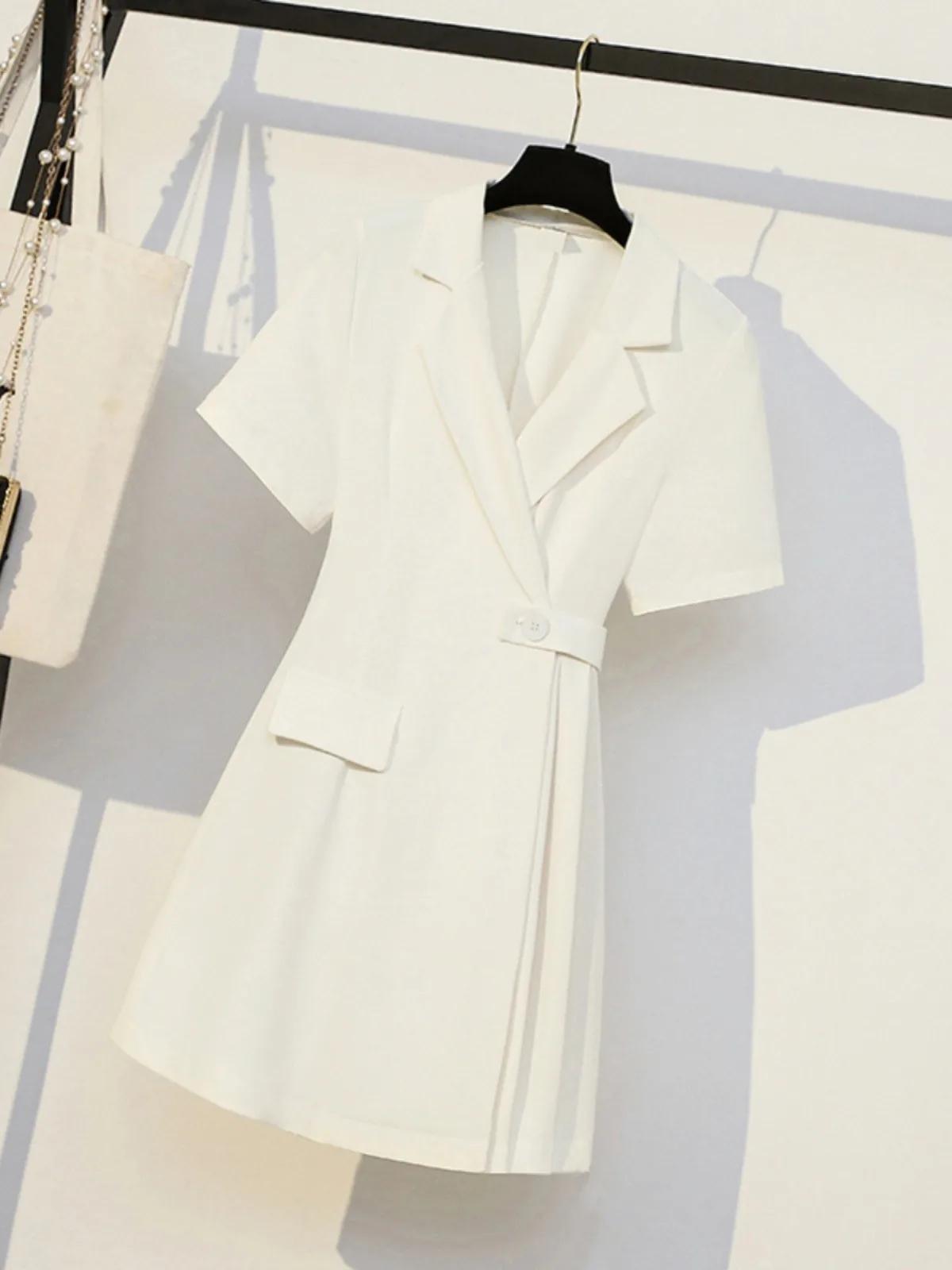 

Slimming Suit Women's A-Line Waist-Cinching Korean Pure Color High Waist Polyester Fiber Long Sve Collar