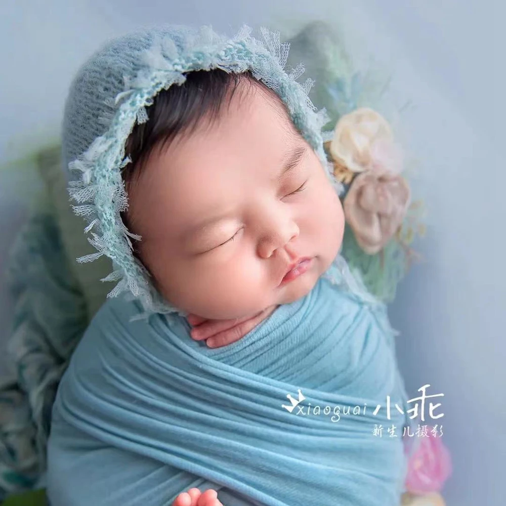 Mohair Baby Girl Hat with Lace Newborn Photography Props Crochet Baby Girl Bonnet Fotoshooting Newborn Hat Infant Accessories