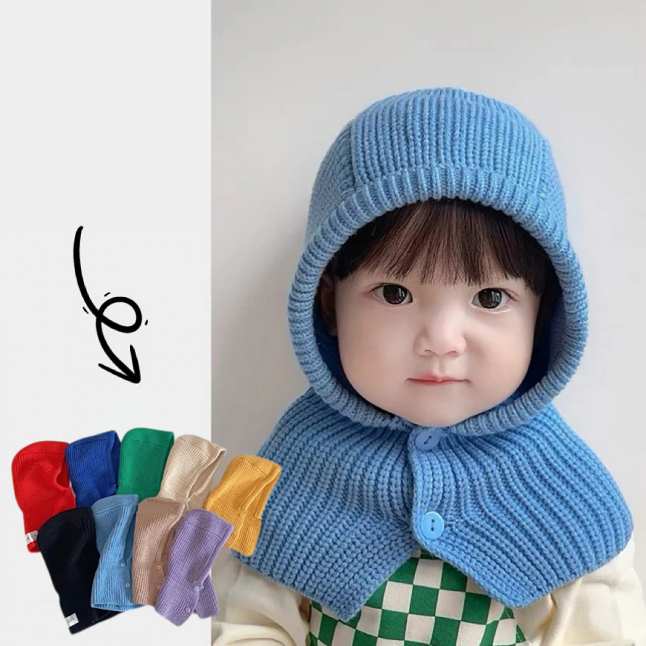 

Kids Knit Balaclava Hat Solid Color Woolen Hooded Beanies 2-6Y Children Neckerchief Headgear Winter Warm Baby Ear Protection Cap
