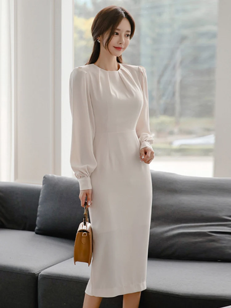

Spring Fashion Lady Work Style Formal Pencil Dress Women Clothes Solid Elegant Office O-Neck Slim Folds Long Vestidos Robe Femme