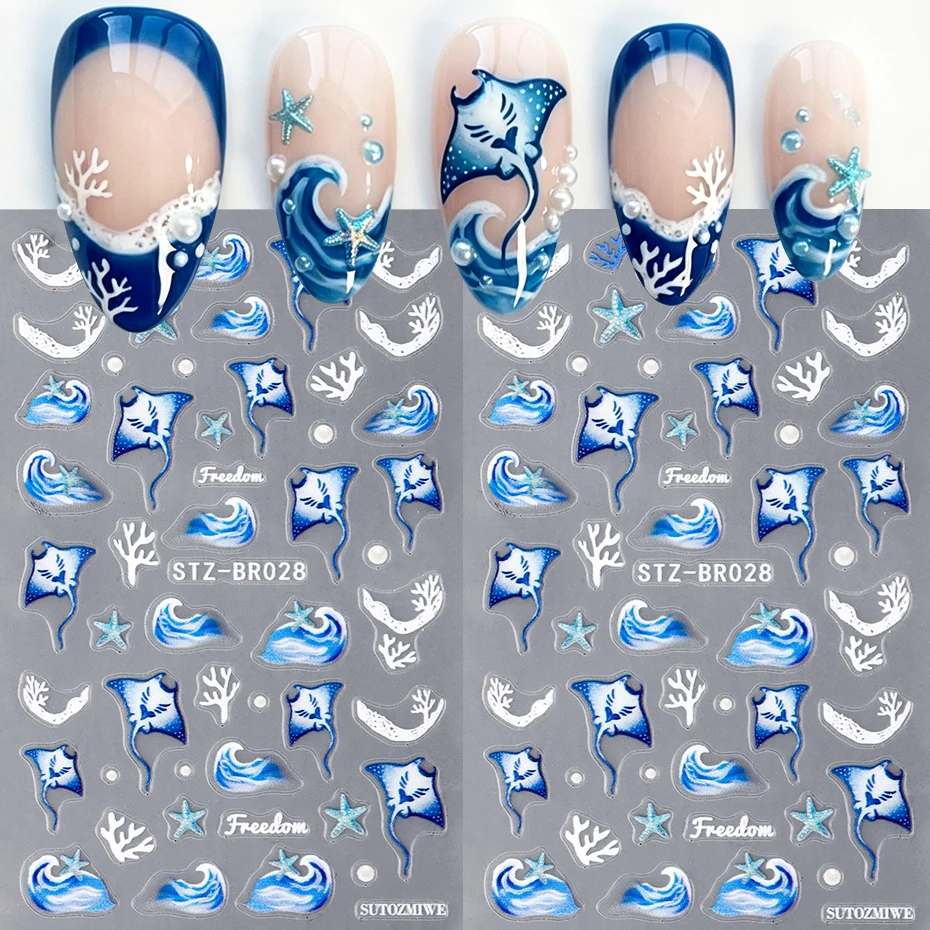 2 Stück Ozean-Manta-Seestern-Nagelkunst-Aufkleber, Ozean-Manta-Seestern-Korallen-Wellen, Sommer-Ozean-Thema, Nagelkunst-Abziehbilder, Nageldekorationen