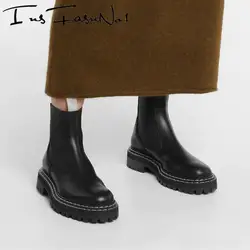 Women Punk Platform Chelsea Boots Black Leather Chunky Heel Anlke Boots Slip On Round Toe Fashion Booties Female Combat Botas