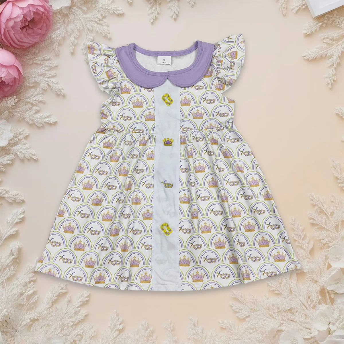 

Baby Girl Short Sleeve Embroidery Crowns Masks Princess Dress Breathable Clothing Floral Collar Knee Length Dresses Clothes