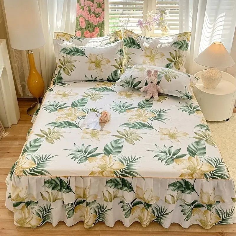 

Soft Aloe Vera Cotton Bedskirt with Double Layer Hem Floral Princess Style Ruffled Bed Cover for Girls Room Decor