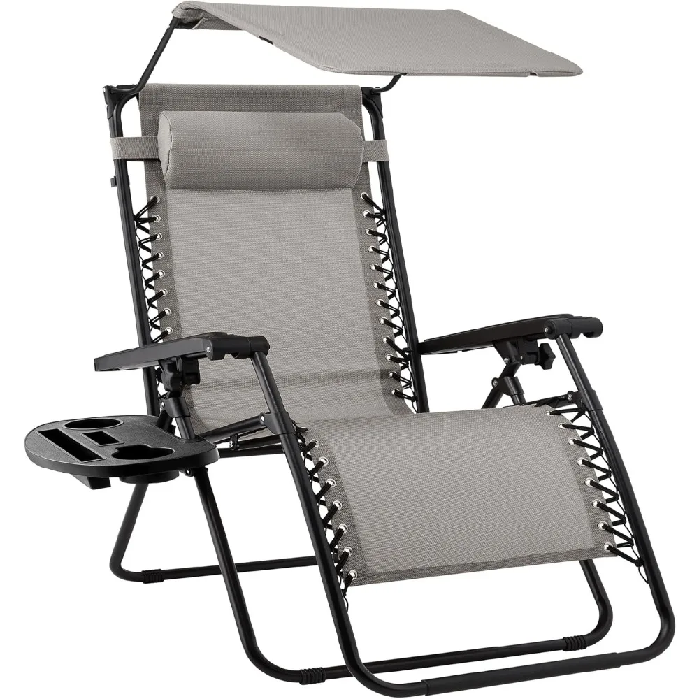 

zero gravity outdoor recliner with adjustable canopy, headrest, and side tray in textilene material