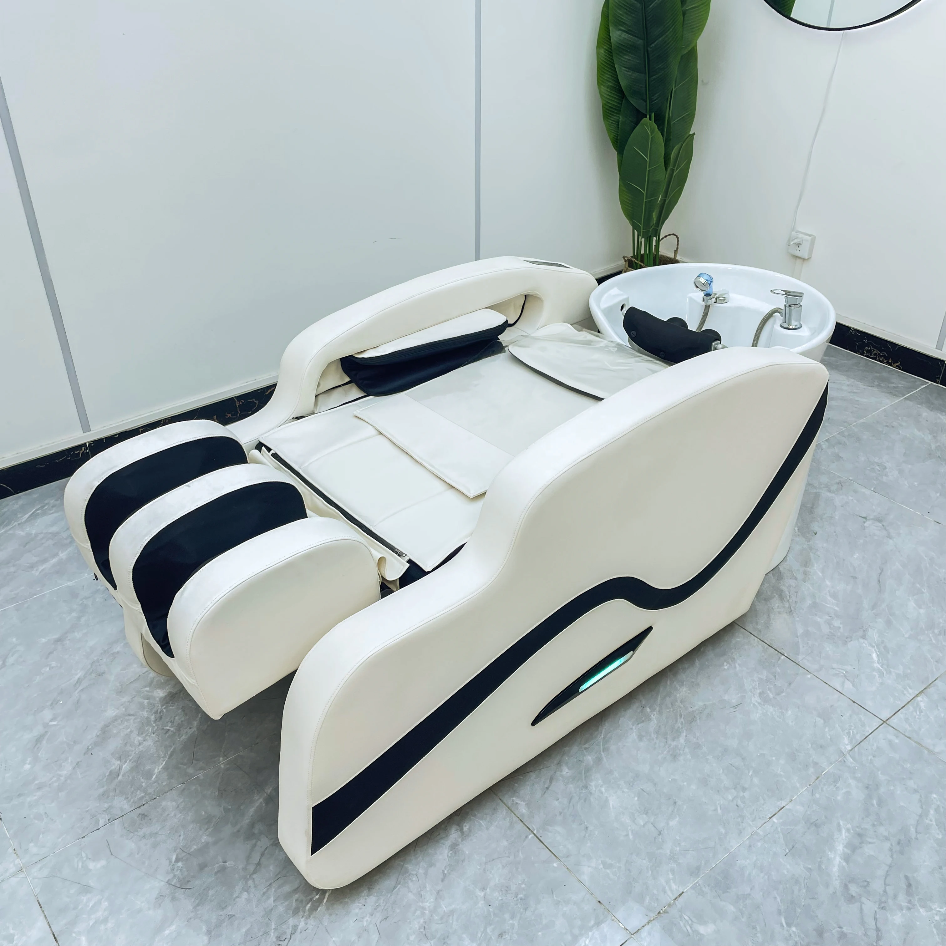 Off-white & Black Shampoo Massage Bed with Ceramic Sink, Reclining Hair Washing Bed for Beauty Salon Head Spa Scalp Treatment