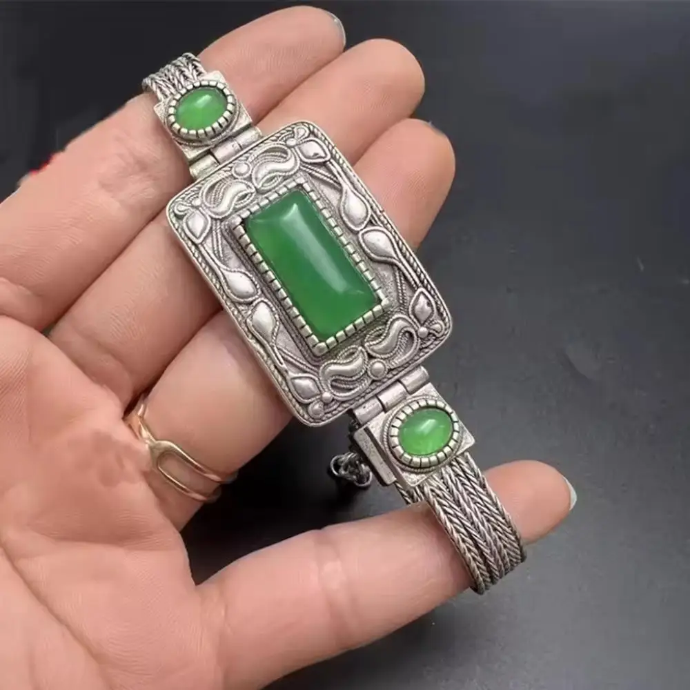 Tibetan Silver Inlaid Agate Ethnic Characteristic Bracelet Adjustable Fashion Jewelry Men and Women Couples Gift