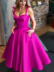 Hot Pink Evening Dress Women Elegant Satin Simple Sleeveless Low Cut Bridal Formal Ball Gowns Trend Pageant Prom Dress