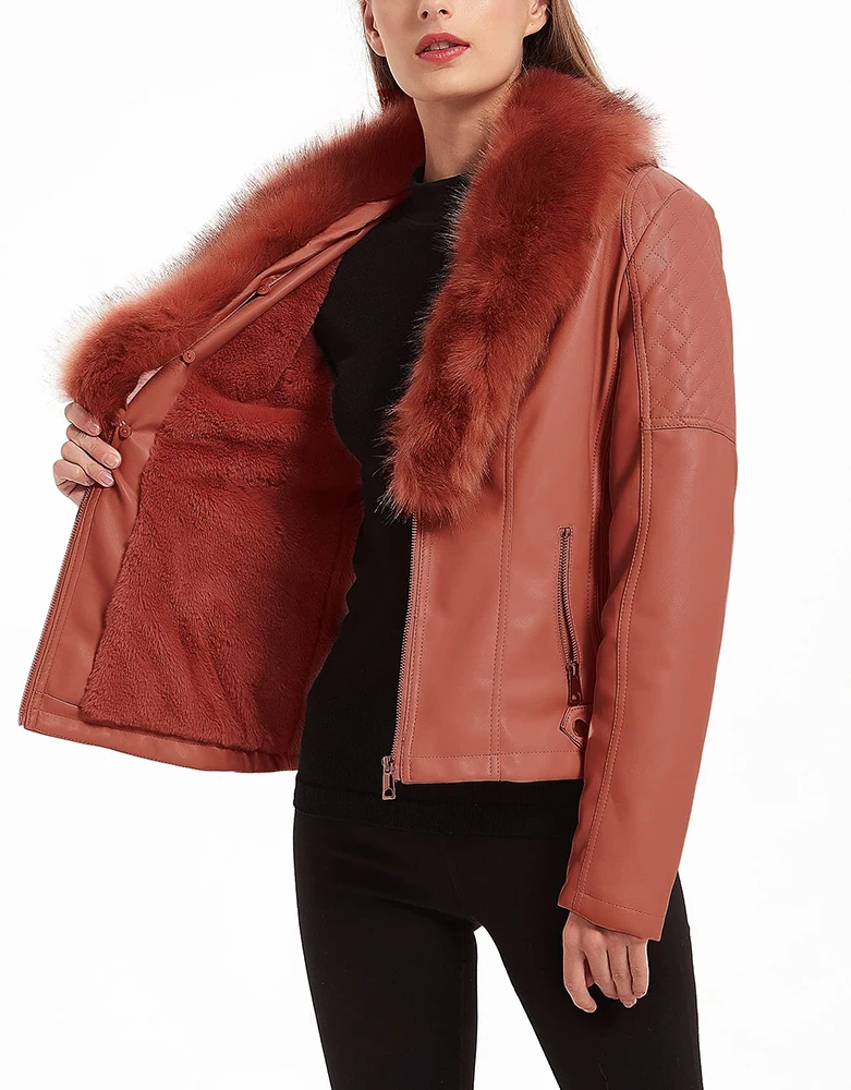 Giolshon Spring Fashion Women Fur Collar Jacket Faux Suede PU Leather Jacket Moto Coat Female Winter Warm Outerwear