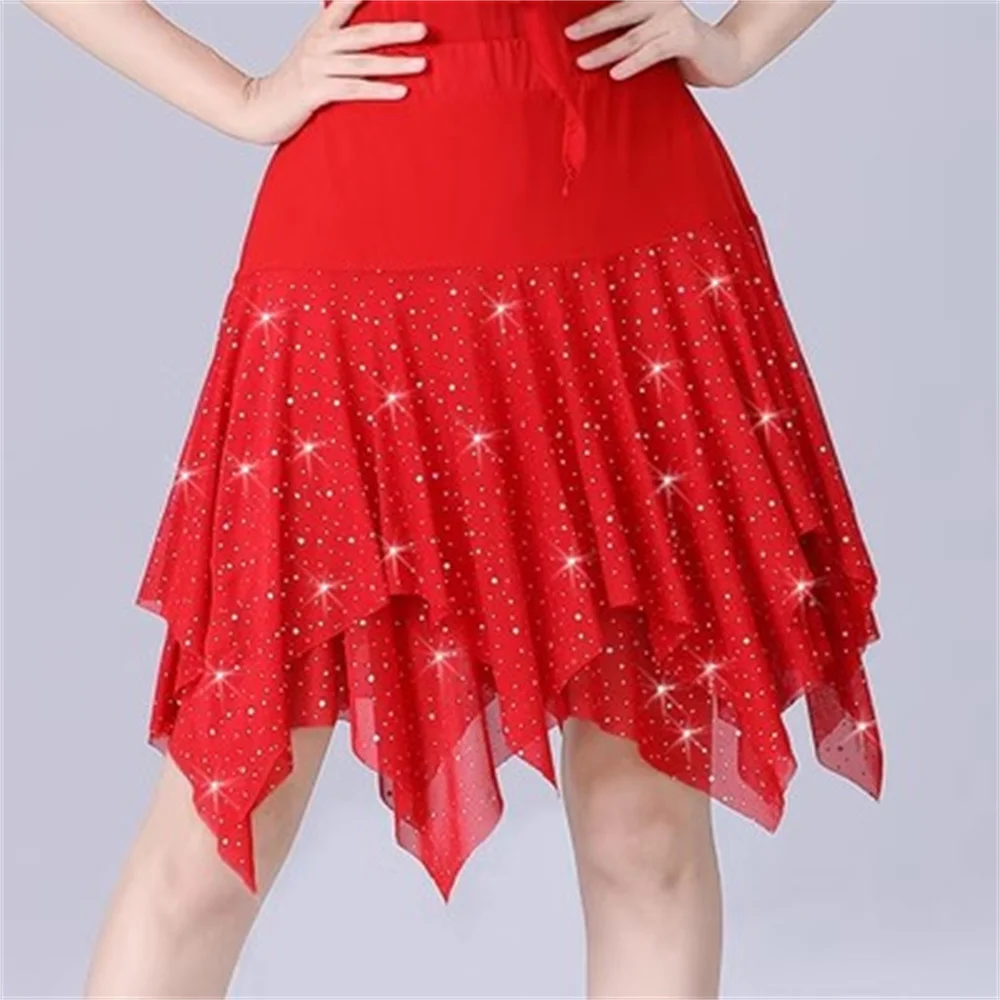 New women Sequin Gitba Dance Skirt Black Women\'s Irregular Stage Performance Skirt red color Girl\'s modern dance 50CM skirt