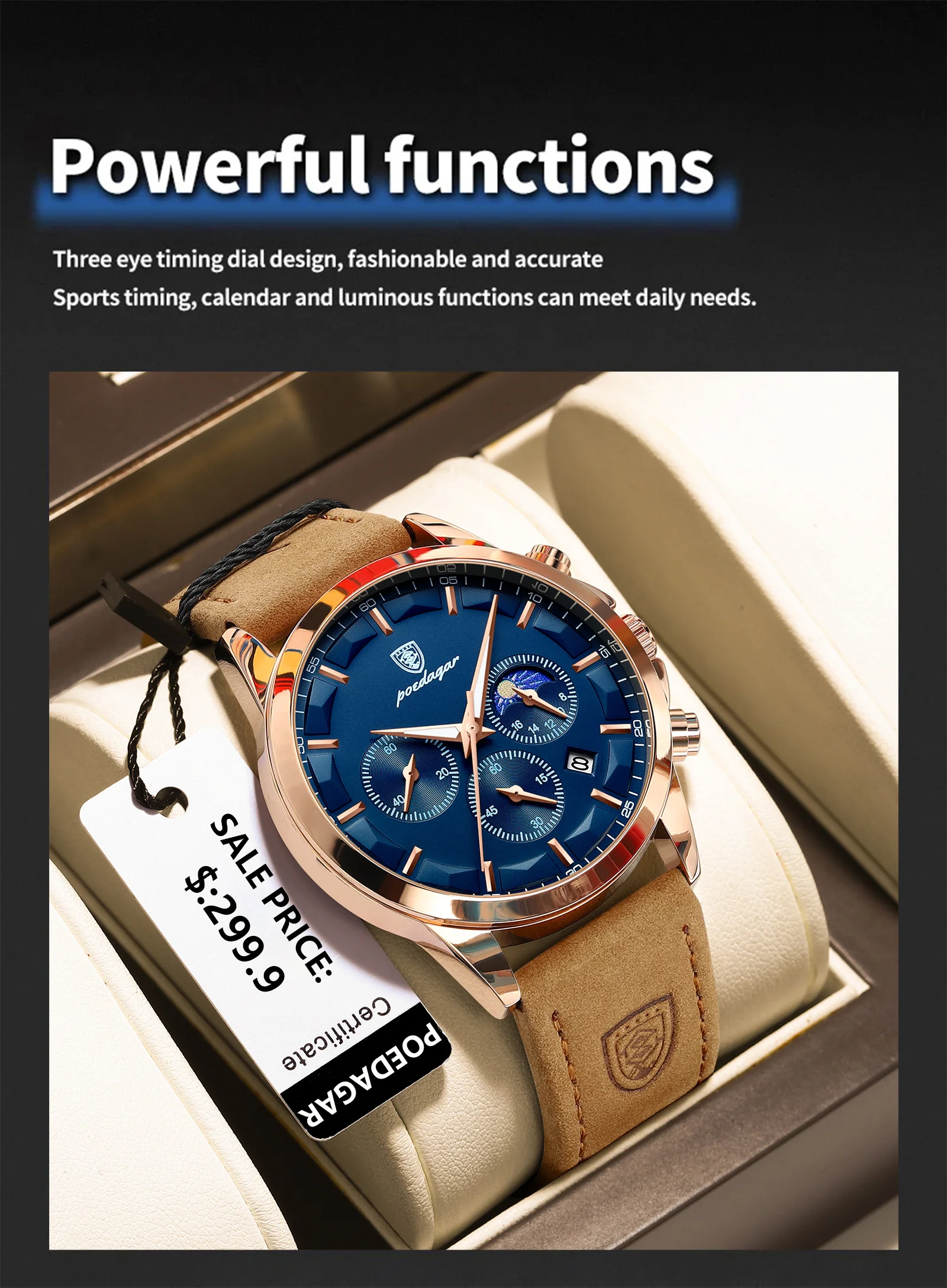 POEDAGAR Sport Luxus Männer Quarzuhr Wasserdicht Chronograph Leucht Datum Mann Armbanduhr Business Leder herren Uhren Uhr – Detail 13
