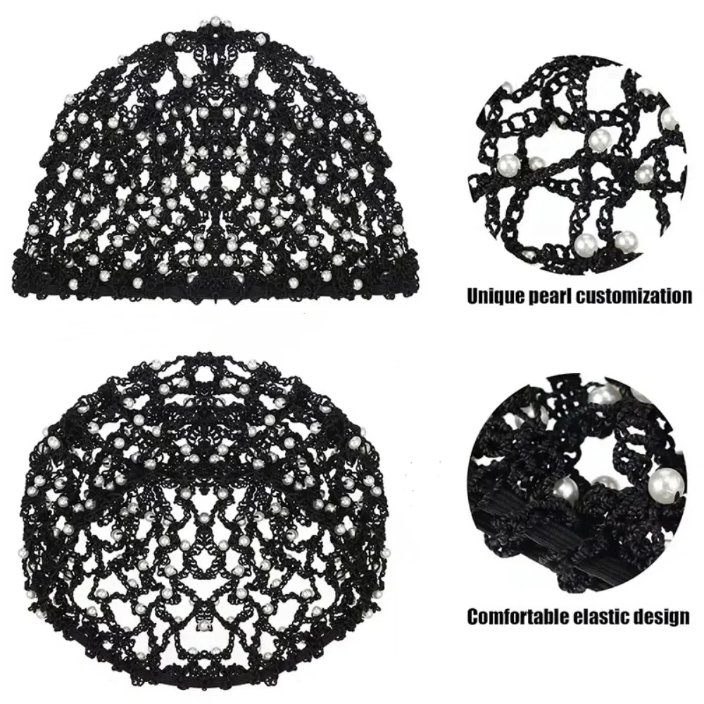 Fashion Pearls Beads Mesh Snood Hair Net Soft Solid Color Rayon Crochet Hairnet Women Headbands Hair Accessories