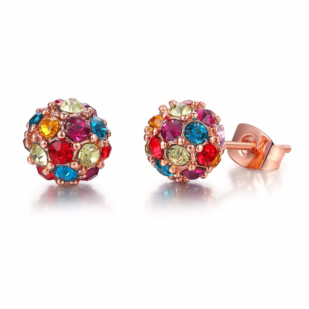 Geometric Crystal  Lucky Ball Stud Earrings for Women Rose Gold Color Earing Fashion Jewelry Party Xmas Gift E380