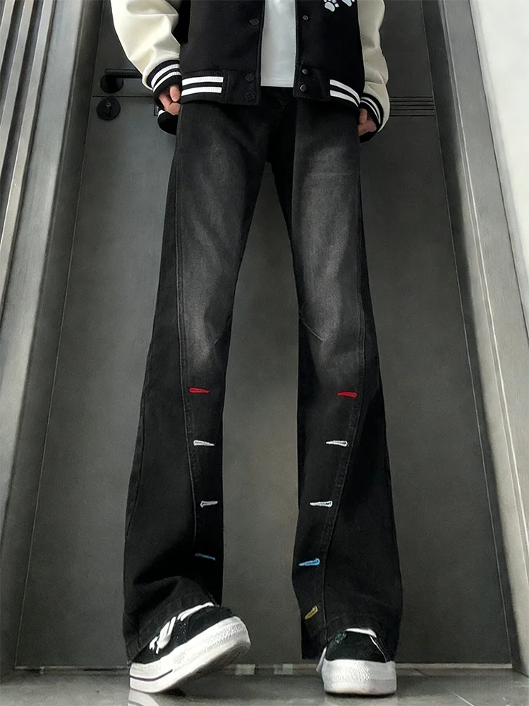 

Button Hole Slant Cut Trendy Men's Jeans High Street Elastic Slimming Micro Flared Long Pants Casual Cotton Denim