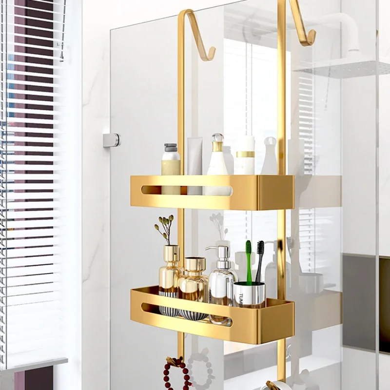 Lattice Gold Shower Room Storage Unit-Bathroom Double-Layer Basket Non-Drill Toilet Organizer Wall Warehouse Solution