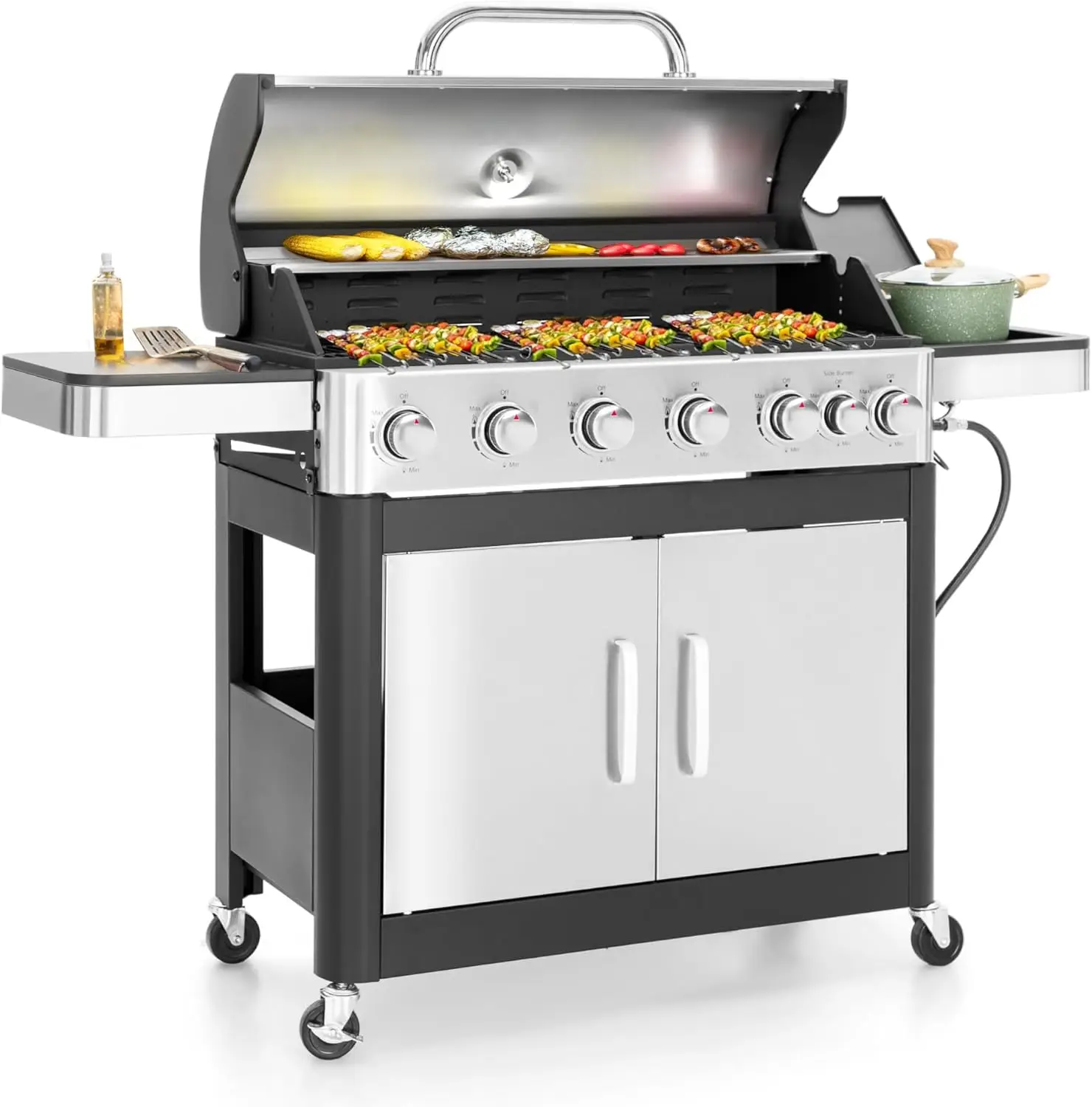 

GREEN PARTY 6-Burner Propane Gas BBQ Grill with Side Burner & Porcelain-Enameled Cast Iron Grate, 65,800 BTU Output Barbecue Gri