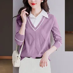 2024 nuova primavera falso due pezzi maglieria maglione da donna moda camicia colletto Pullover lavorato a maglia top Casual maglione femminile pieno