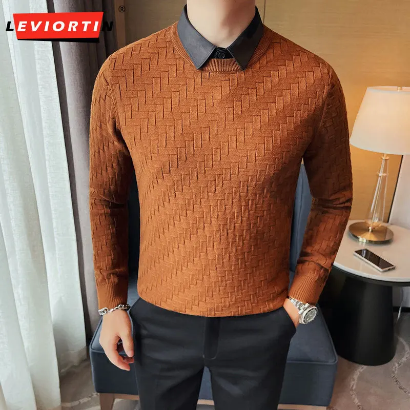 

Men's Fake Two Piece Sweater Shirt Collar Autumn/Winter 2023 New Fit Versatile Sweater British Pullover Shirt Collar Woven Knit