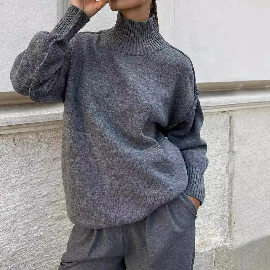 Stitched Turtleneck Sweater for Women Europe and America 2024 Autumn and Winter New Casual, Lazy and Thickened Sweater Knitted