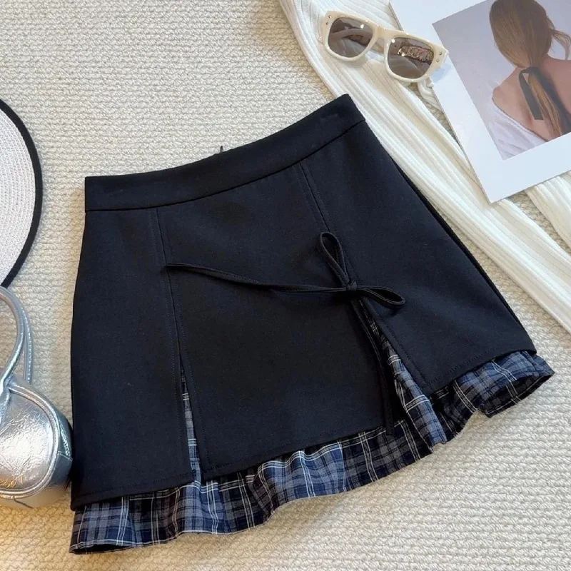 2026 Spring Summer Women Split Blazer Skirt Vintage Plaid Patchwork High Waist A-Line Mini Skirt Elegant Slim Fashion Skirt