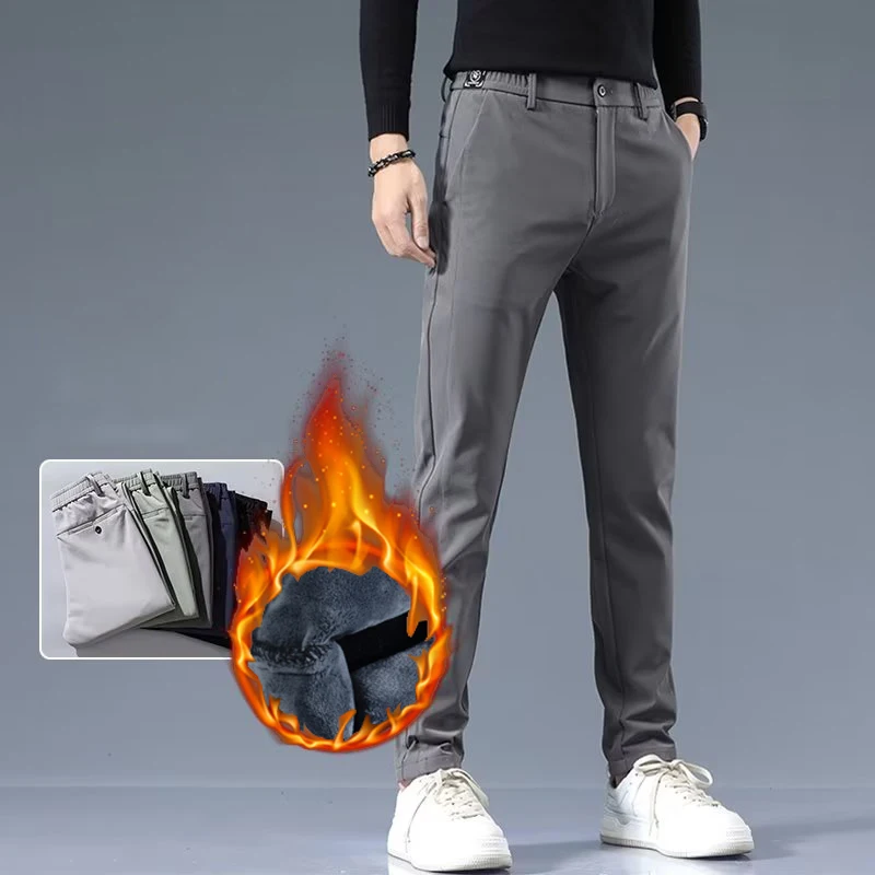 

Autumn Winter Men Business Casual Thermal Pants Male Stretch Baggy Straight Leg Solid Color Pants Fashion Light Gray Trousers