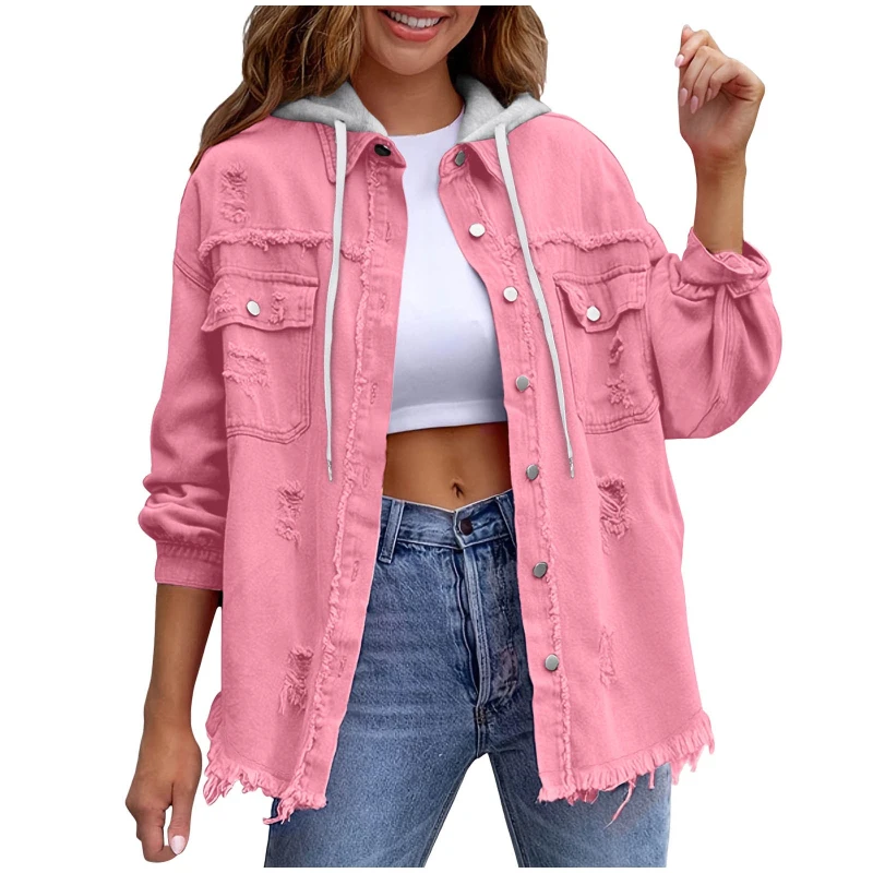 Women Hooded Denim Jacket Distressed Hole Raw Edge Single Breasted Long Sleeve Casual Work Jackets Splice Loose 2026 Autumn