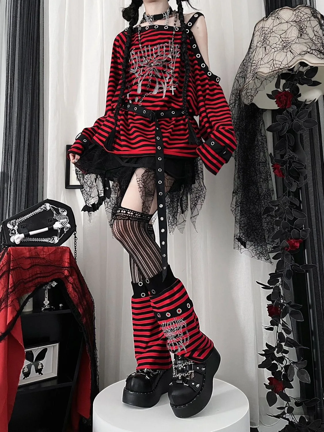 Long Shirt with Leg Sleeves for Girls Gothic New Blouse Butterfly Subculture Girl Punk Japanese Red Striped Warmer Women Tops