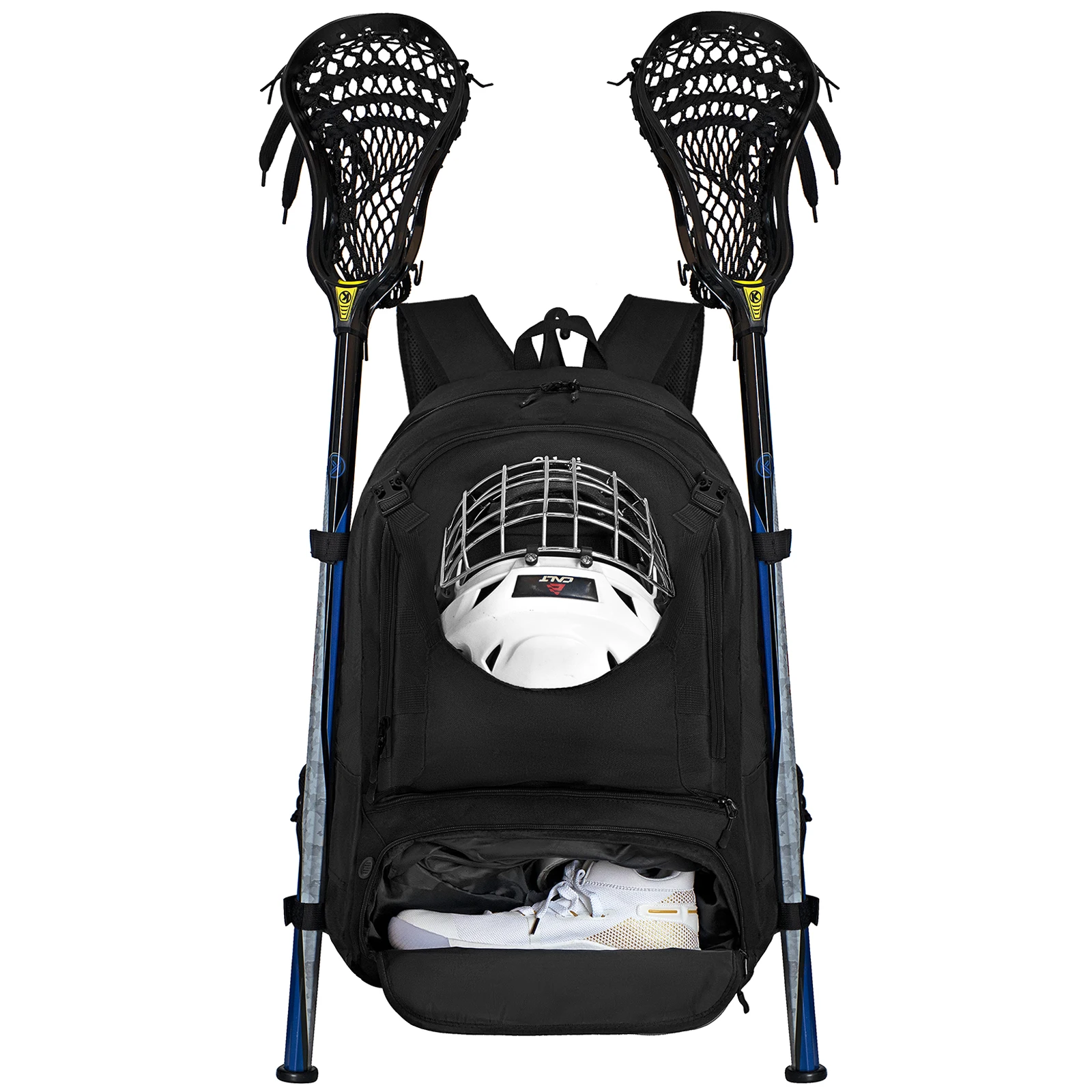 Large Lacrosse Equipment Backpack with Two Sticks holder and Separate Cleats Compartment Field Hockey Bag