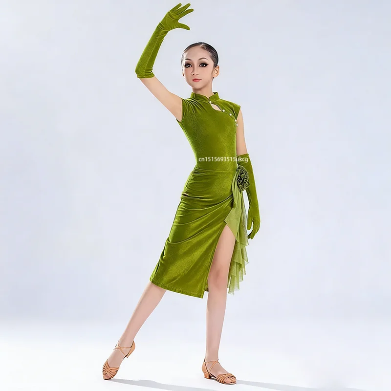 

Youth Teenager Black Green Latin Dance Dress Cheongsam Ballroom Competition Performance Party Dancewear Latin Cha Cha Clothes