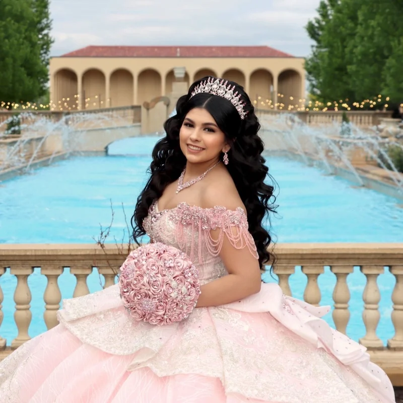 

Pink Quinceanera Dress off-shoulder Glitter Crystal Decal Lace Layering Long tail Bow vestidos de 15 Quinceanera ﻿Customize