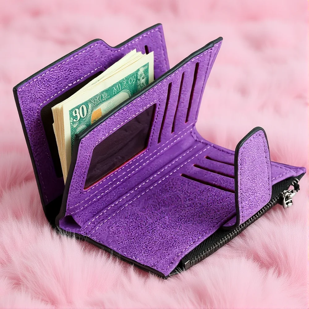 Women Short Wallet Coin Purse Multi-Card Holder Fashion Foldable Zipper Wallet PU Leather Solid Color Money Bag For Travel Daily