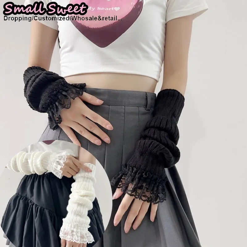 تنوعا y2k الفتيات لوليتا jk القوط المرأة محبوك غطاء الأكمام نصف إصبع الغزل مدفئات للذراع المعصم الأصفاد الدانتيل تكدرت قفازات