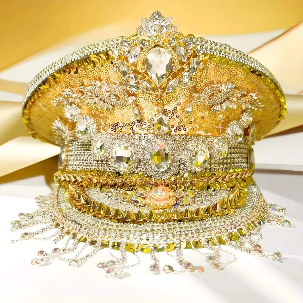 HongLuan Chapéu de capitão com laço de couro amarelo laser strass e bonés militares para mulheres, acessórios para festivais rave e boné de festa masculino