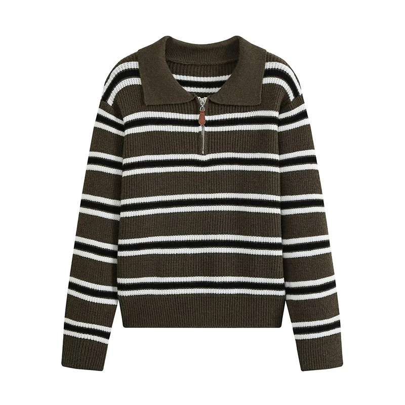 YENKYE Women's Striped Polo Collar Half Zip Knit Sweater  Long Sleeve Casual Crop Pullover Autumn Daily Tops