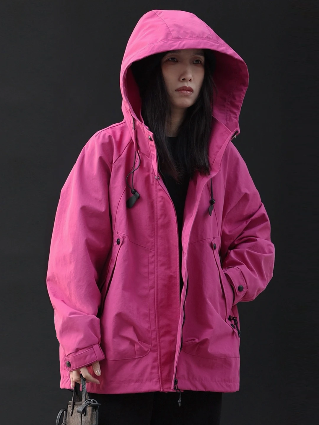 

Pink Workwear Windbreaker Jaet Spor Casual Loose Fit Nylon Material oulder-Length Sves Dstring Hem ort Sle