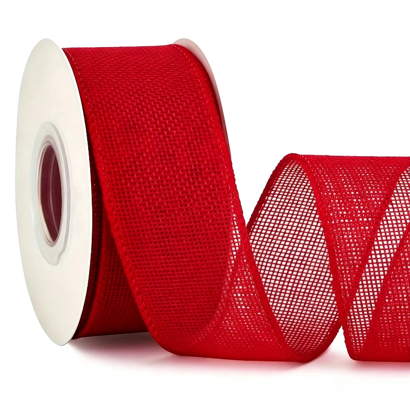 Faux Burlap Wired Ribbon 40mm Width, 5 Meter Roll, Woven Mesh Ribbon for Holiday Crafts, Gift Package, Wedding & Xmas Tree
