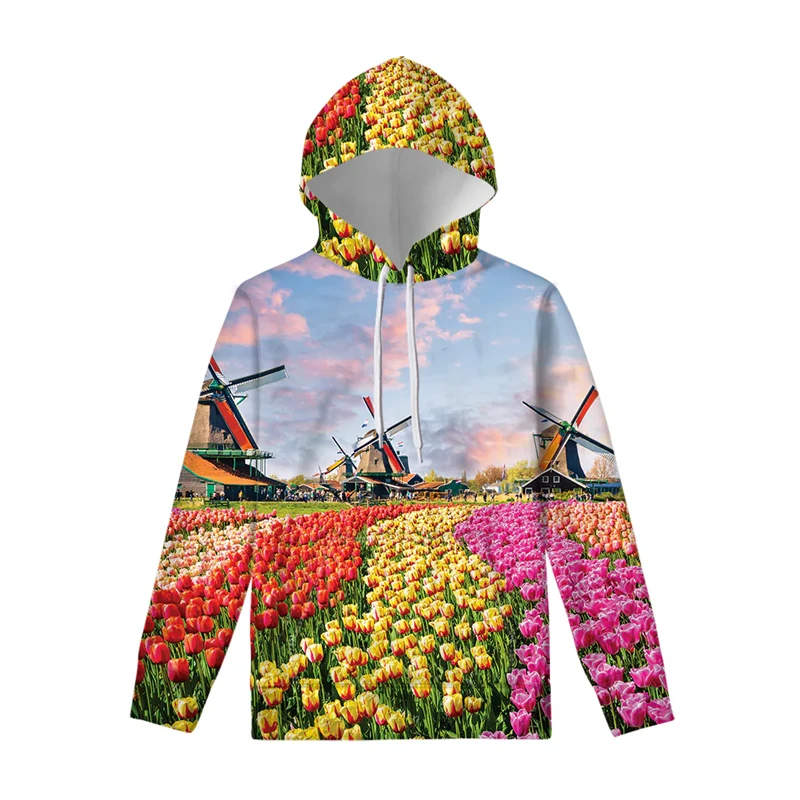 Autumn 3d Colorful Tulip Graphic Long Sleeve Print Hoodie Fashion New In Hoodies For Men Pullovers Oversized Men's Clothing 2024