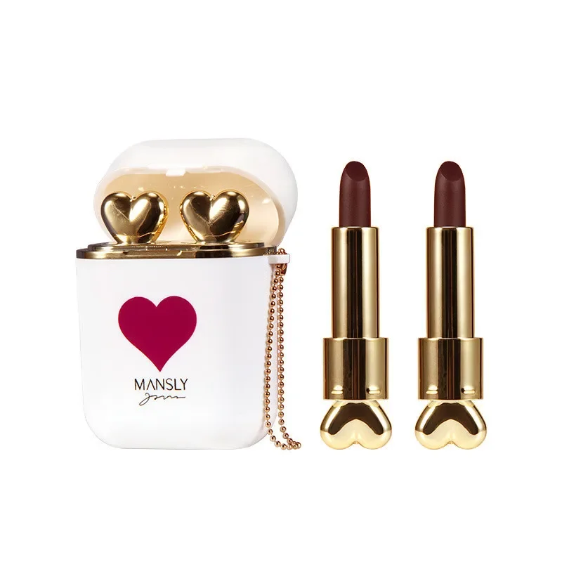 Mansly Lipstick Set Kawaii Earphone Shape Korean Lipstick 2 Colors in 1 Makeup Lip Velvet Lipstick Set Matte