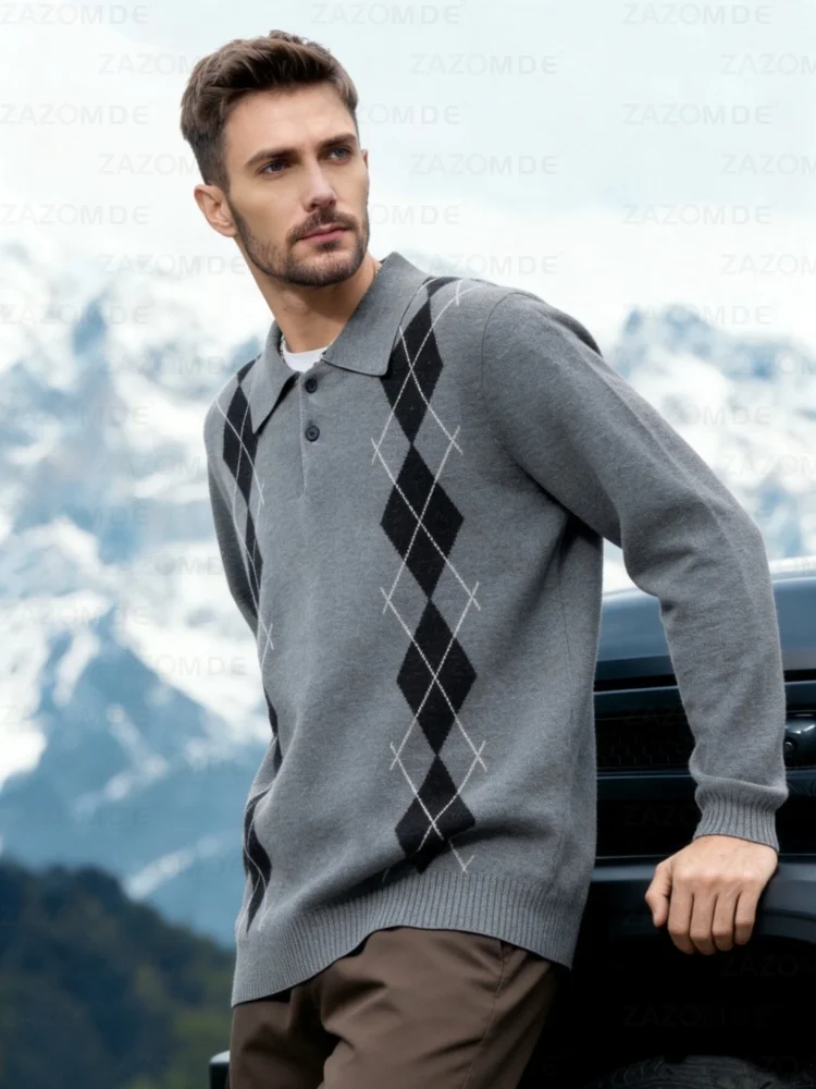 

ZAZOMDE Classic Argyle Patterned Varsity Sweater For Men Retro Preppy Style Blend Knit With Prominent Turn Down Collar Winter