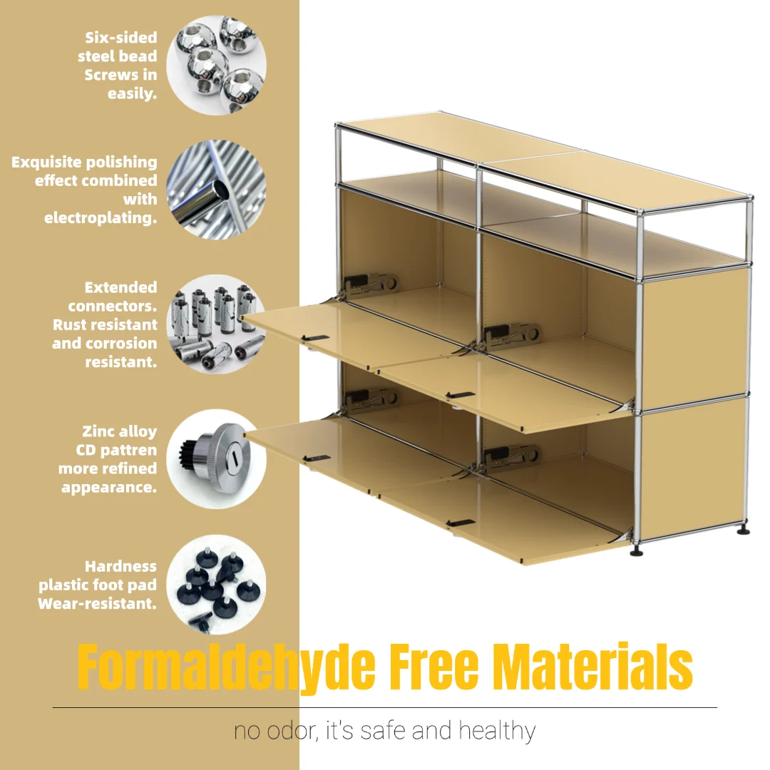 Stylish Yellow Metal Storage Console｜4-Door Flip Cabinet with Open Top Shelf｜Modern Home Organizer | For Living Room Dining Ro