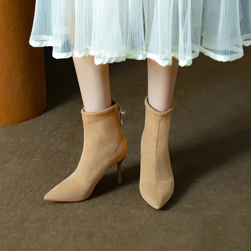 

Размер 32–43, весенне-осенние замшевые эластичные ботинки, женские ботильоны с острым носком, на высоком каблуке-шпильке
