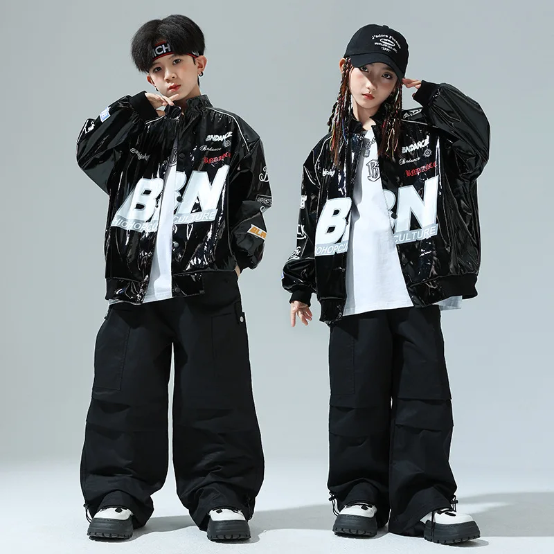 Kid Kpop Hip Hop Clothing Black PU Letters Motorcycle Jacket Cotton Parachute Cargo Pants for Girls Boys Dance Costumes Clothes