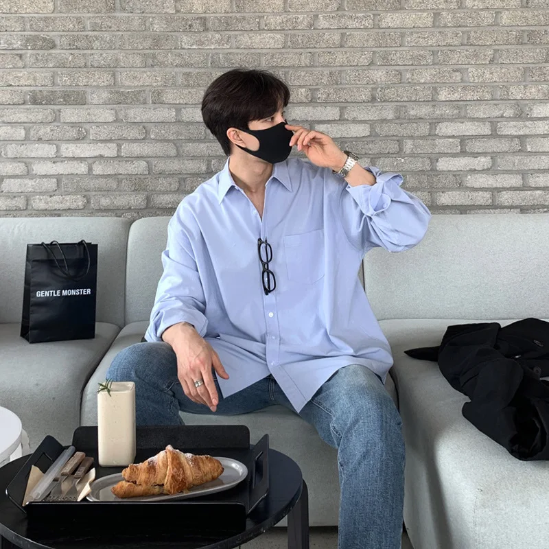 

Весенне-осенние мужские рубашки в корейском стиле, однотонные, свободного кроя, повседневные, простые, базовые, модные, с отложным воротником, с длинным рукавом, мужская мода