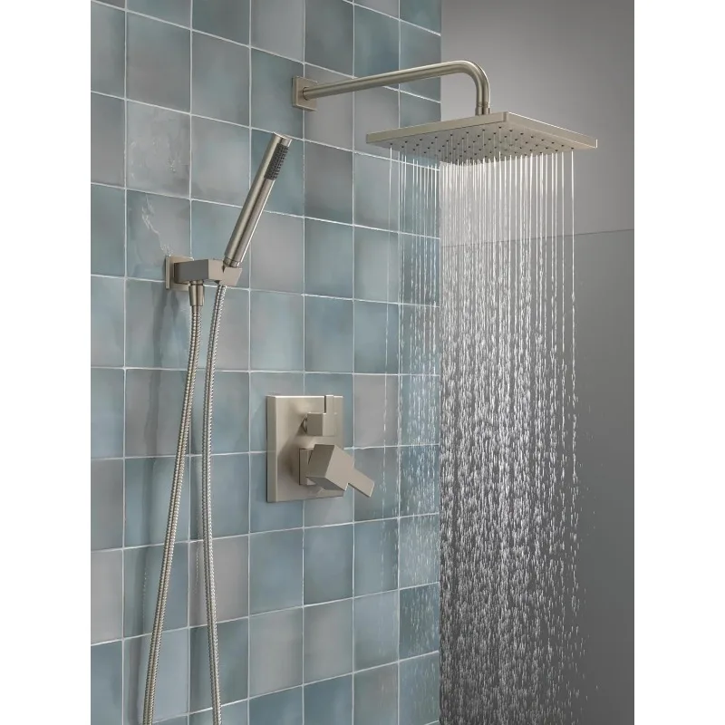 Delta Faucet Modern Raincan 2-Setting Square Shower System Including Rain Shower Head and Handheld Spray Brushed Nickel