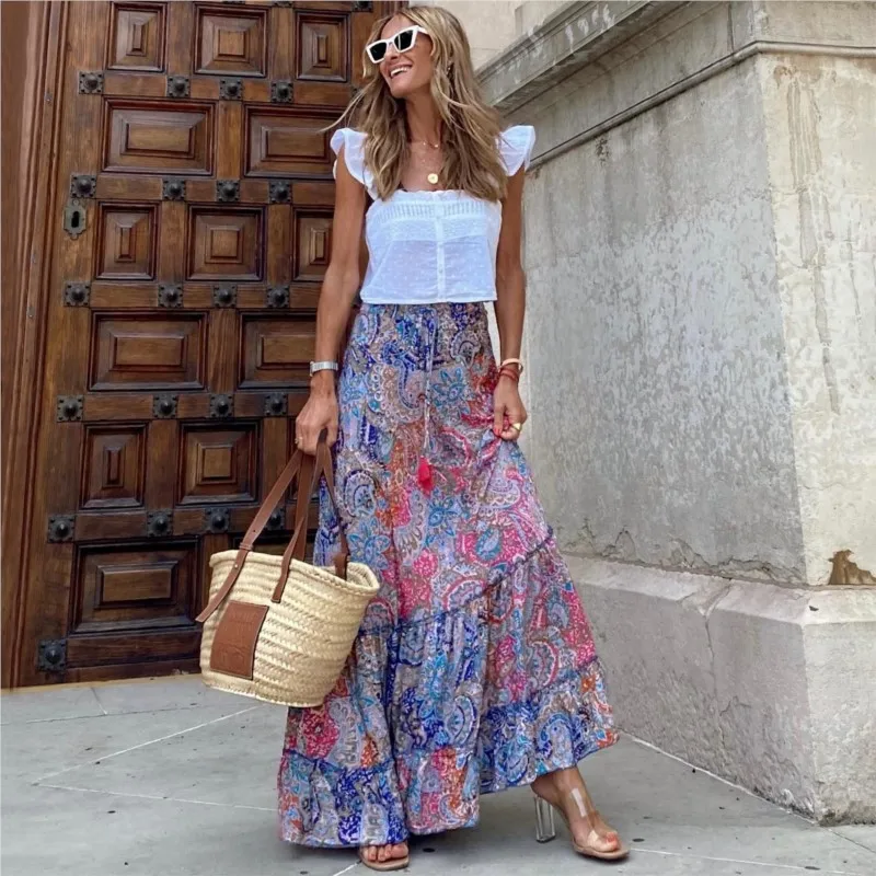 Blue A-line Half Length Skirt For Women 2024 New Product Large Plant Flower Printed Half Length Skirt Beach Vacation Style ladie